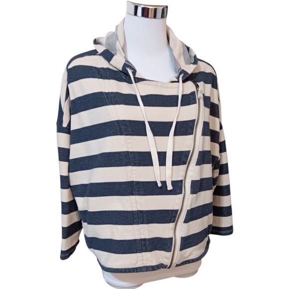 LOFT Lightweight Jacket S Moto Zip Hoodie Cotton Blue Cream Striped Coastal Trip - Picture 9 of 10